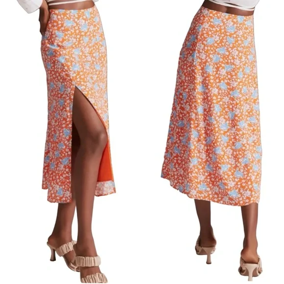 Anthropologie Maeve The Lille Side Slit Midi Skirt Size 6 Lined Orange Viscose - Picture 1 of 16